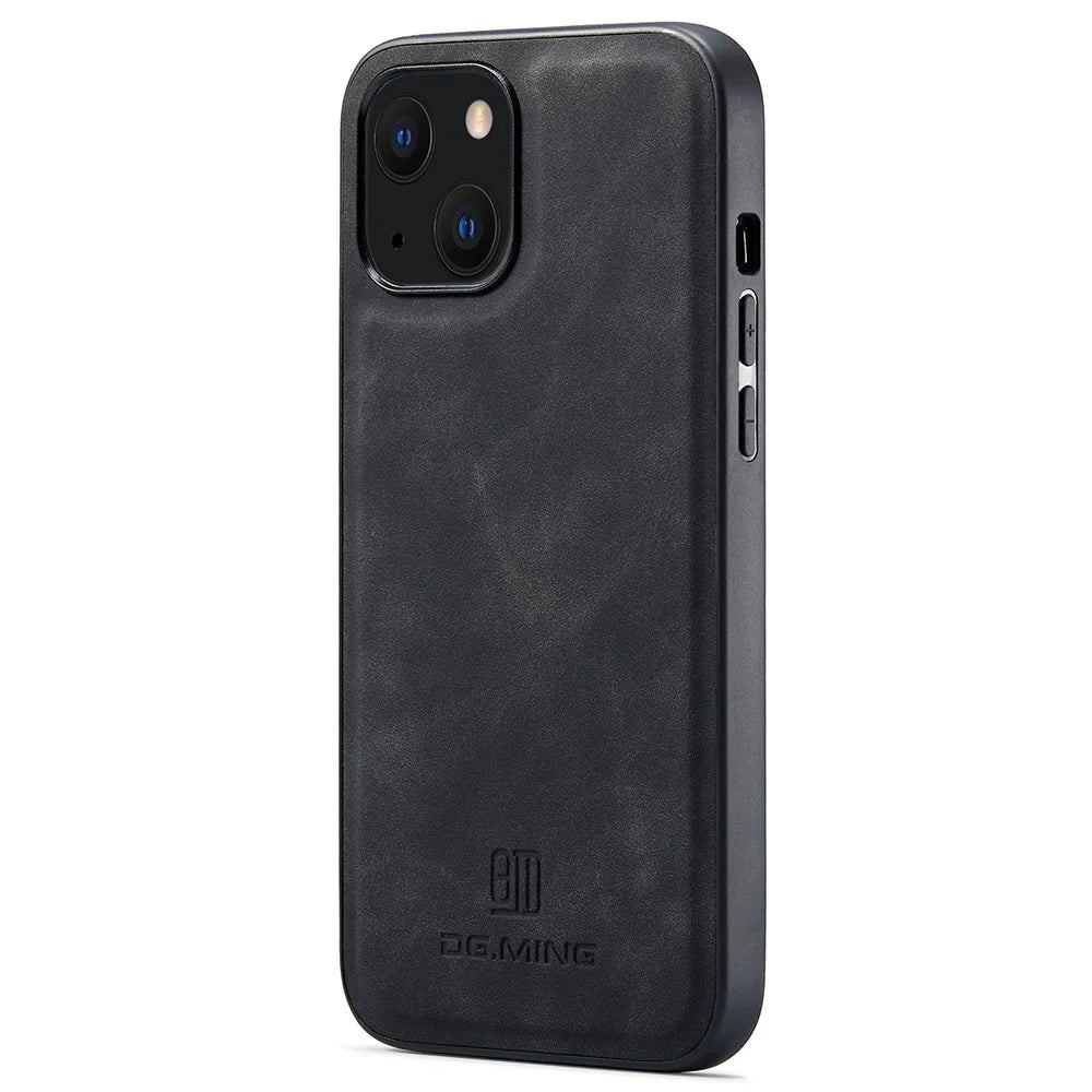 DG.MING For iPhone 13 Case Back Protector PU Leather+PC+TPU Phone Cover - Black - 1