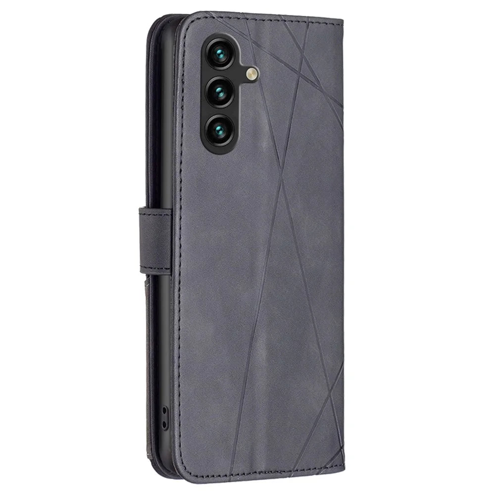 BINFEN COLOR For Samsung Galaxy A05s 4G Phone Cases Wallet Stand Geometry Imprint Leather Cover - Black - 6
