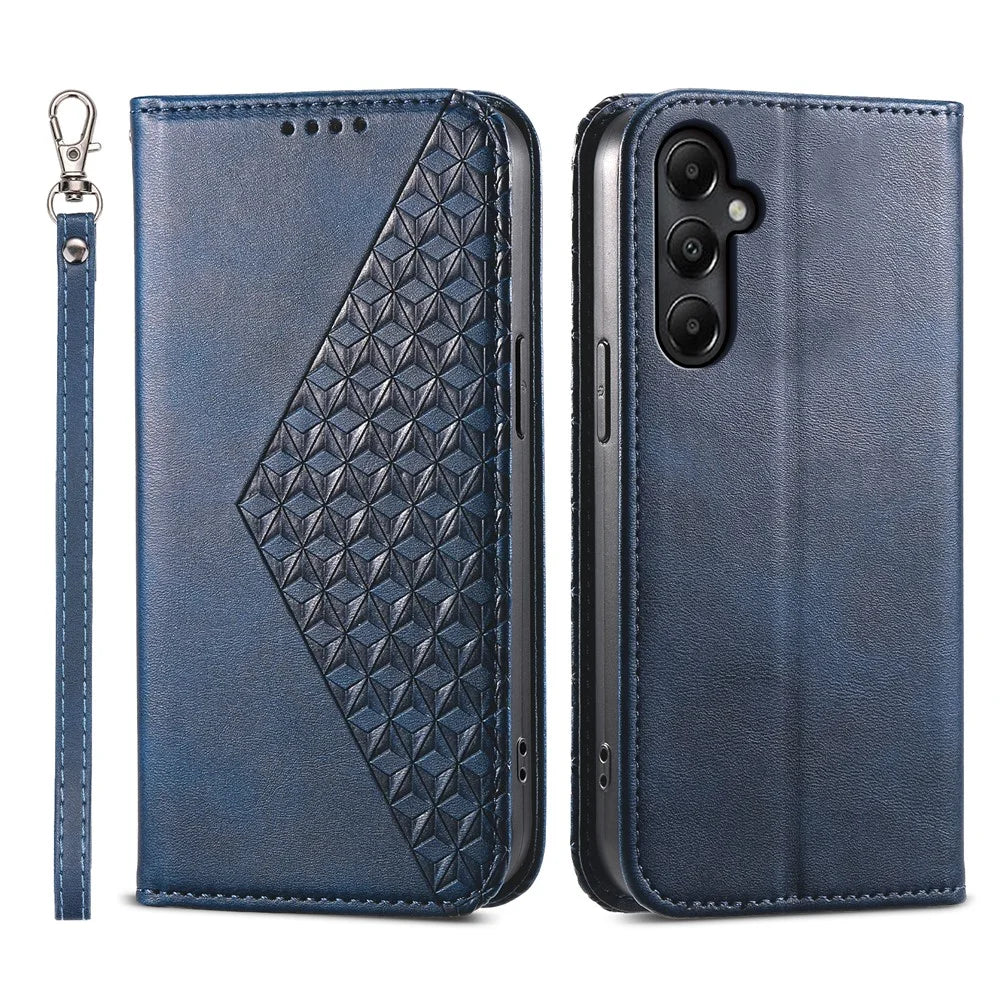 For Samsung Galaxy A05s 4G Case Imprinted Rhombus Pattern Wallet Stand Phone Cover - Blue - 1