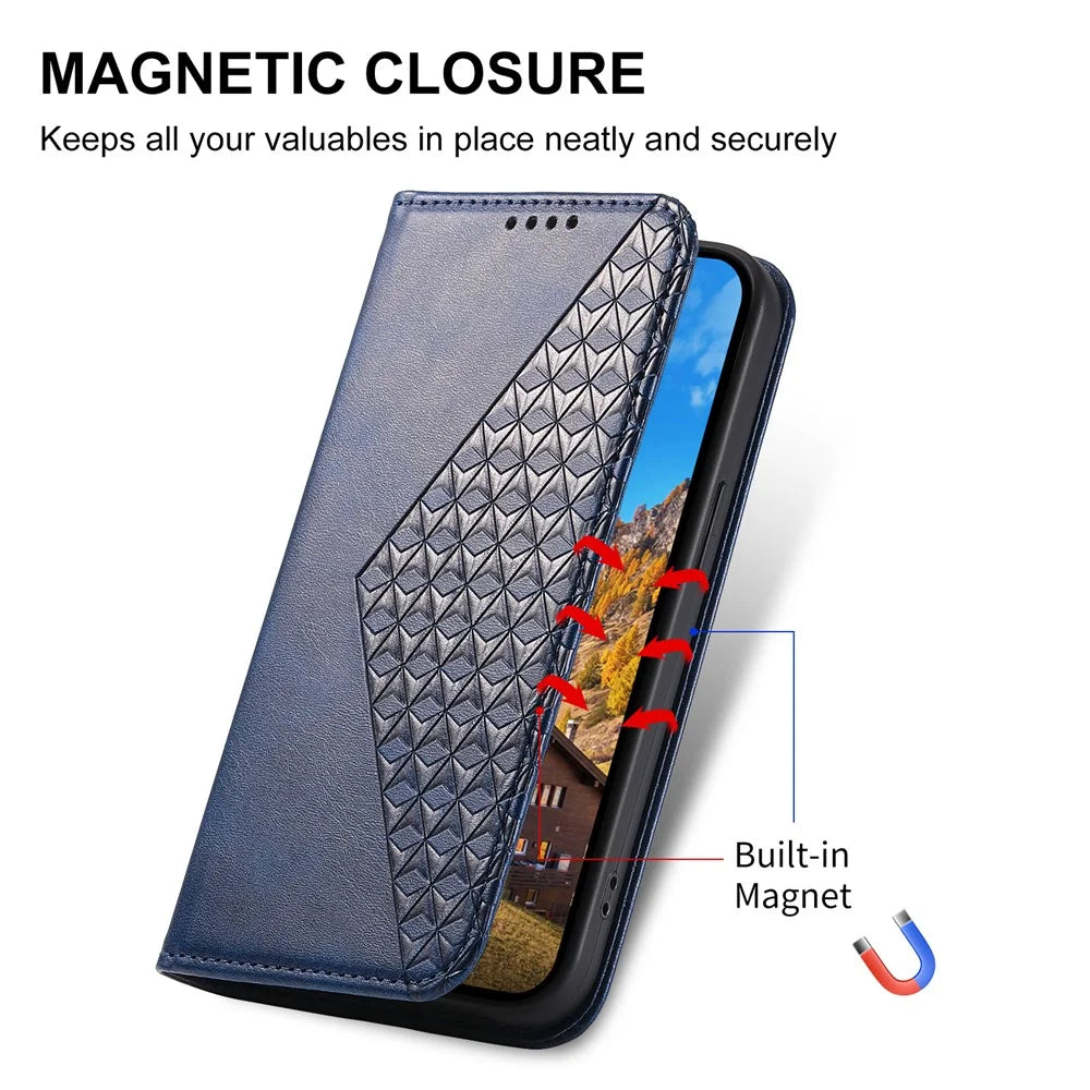 For Samsung Galaxy A05s 4G Case Imprinted Rhombus Pattern Wallet Stand Phone Cover - Blue - 4