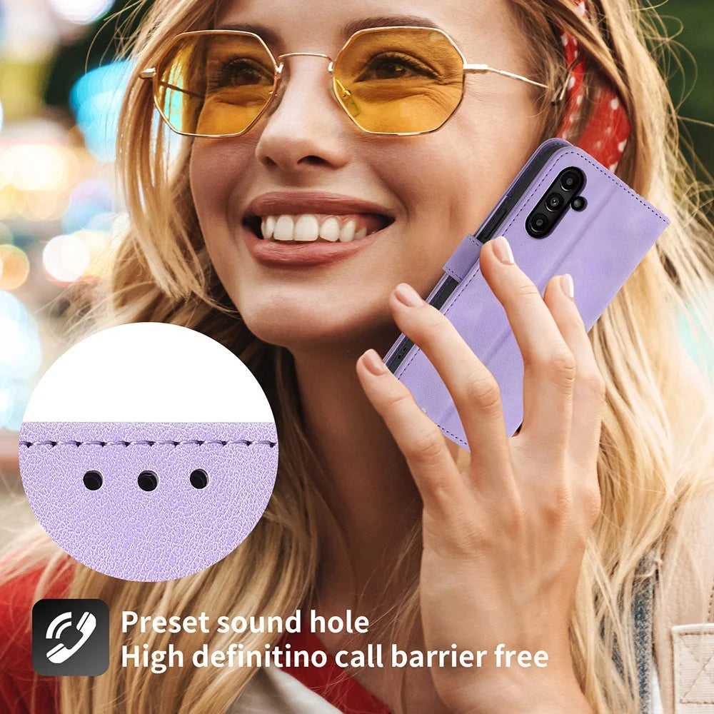 For Samsung Galaxy A15 4G Case Skin-touch Leather Phone Cover with Hand Strap + Shoulder Strap - Light Purple - 5
