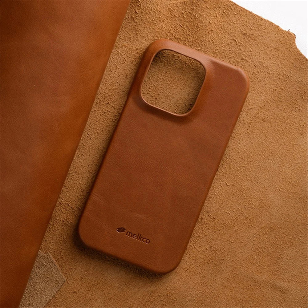 MELKCO For iPhone 15 Pro Case Genuine Cow Leather Coated PC Incomplete Waxy Phone Cover - Brown - 3