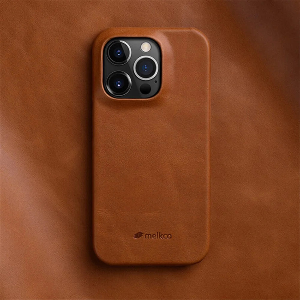 MELKCO For iPhone 15 Pro Case Genuine Cow Leather Coated PC Incomplete Waxy Phone Cover - Brown - 4