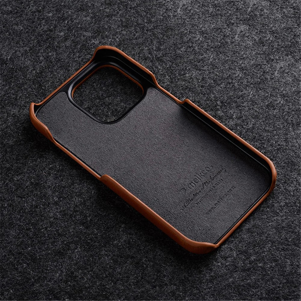 MELKCO For iPhone 15 Pro Case Genuine Cow Leather Coated PC Incomplete Waxy Phone Cover - Brown - 5