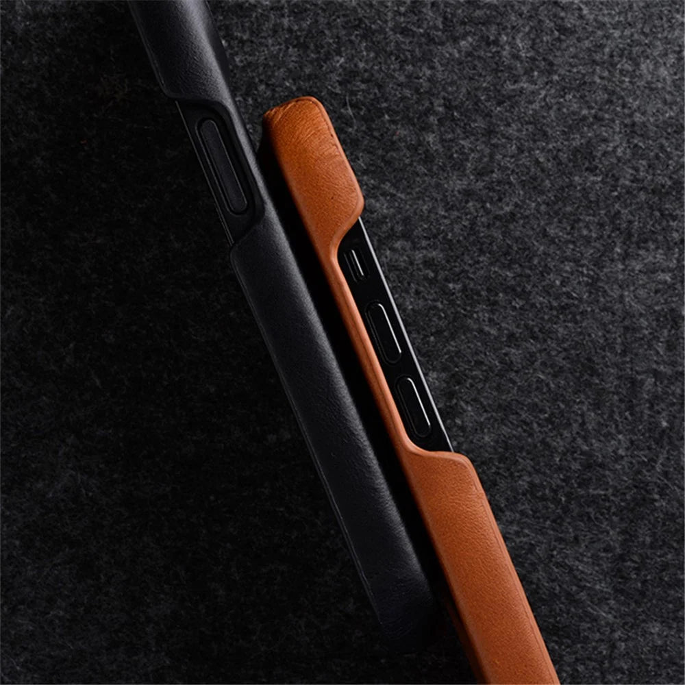 MELKCO For iPhone 15 Pro Case Genuine Cow Leather Coated PC Incomplete Waxy Phone Cover - Brown - 7