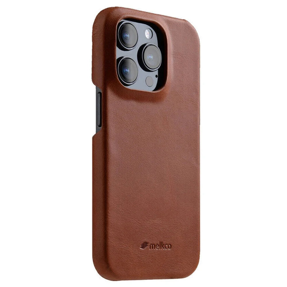 MELKCO For iPhone 15 Pro Max Case Waxy Genuine Cow Leather+PC Incomplete Phone Cover - Brown - 2
