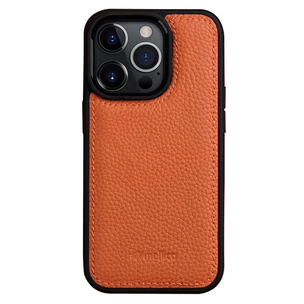 MELKCO For iPhone 15 Pro Max Case Genuine Cow Leather Coated PC Phone Cover - Orange - 1
