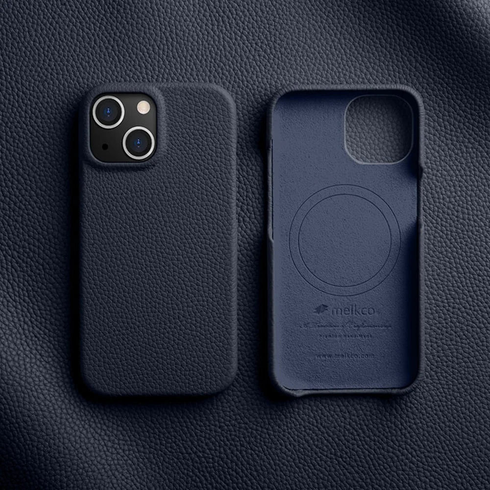 MELKCO For iPhone 15 Case Anti-drop Genuine Cow Leather+PC Magnetic Phone Cover - Dark Blue - 2