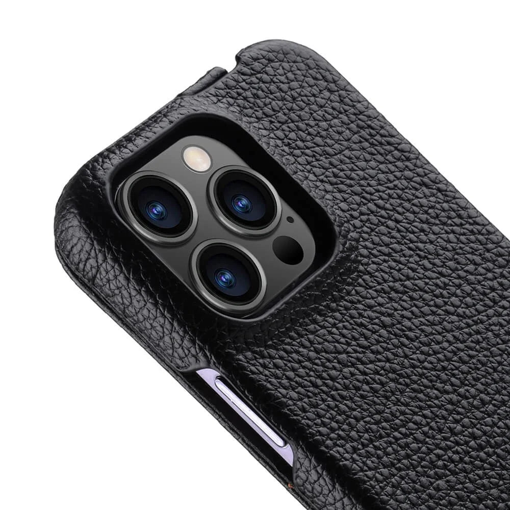 MELKCO For iPhone 15 Pro Case Litchi Texture Vertical Flip Genuine Cow Leather+PC Cover - Black - 3
