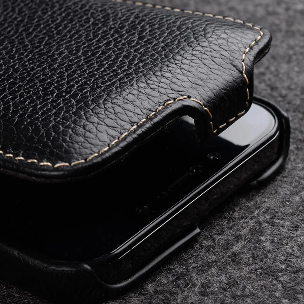 MELKCO For iPhone 15 Pro Case Litchi Texture Vertical Flip Genuine Cow Leather+PC Cover - Black - 5