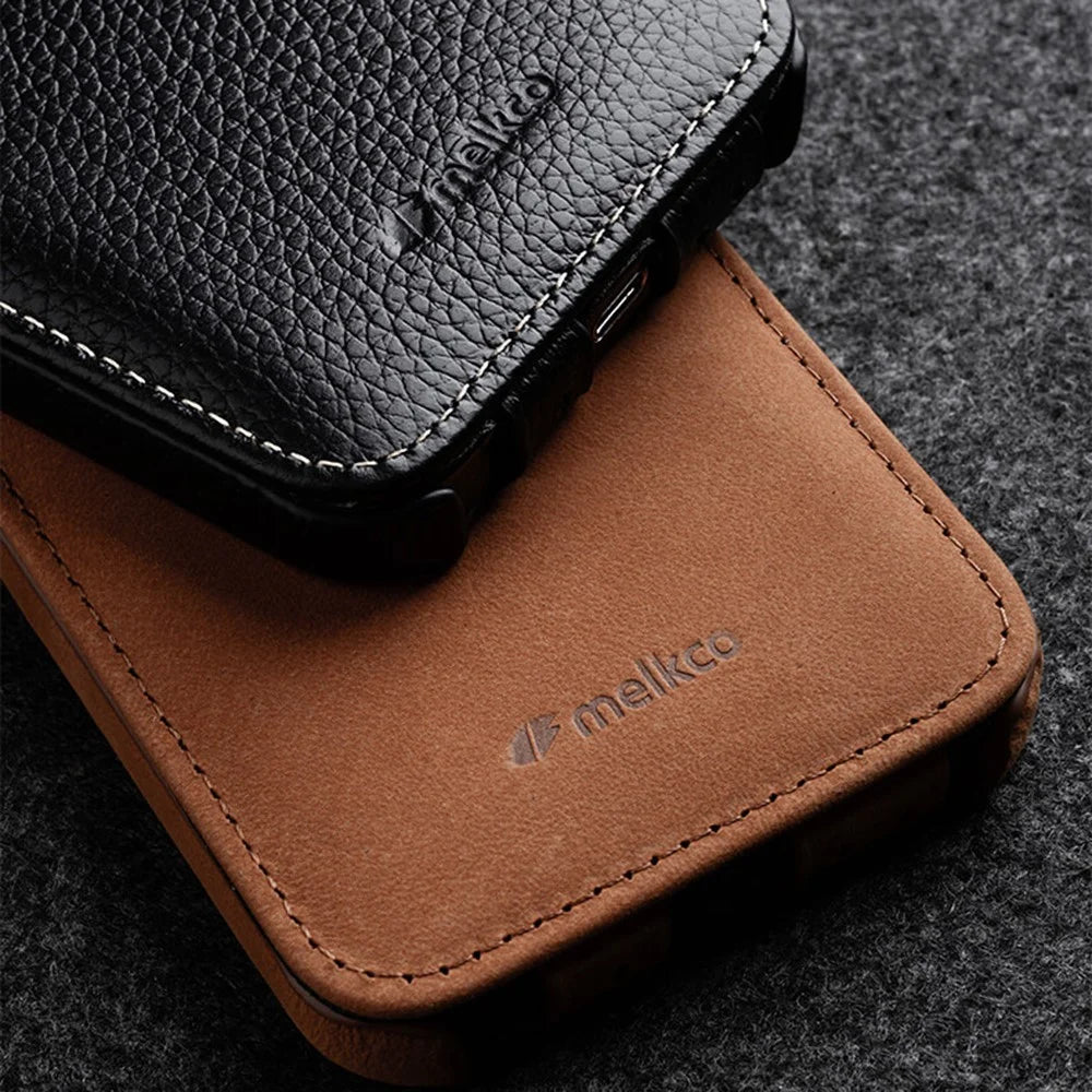 MELKCO For iPhone 15 Pro Case Litchi Texture Vertical Flip Genuine Cow Leather+PC Cover - Black - 6