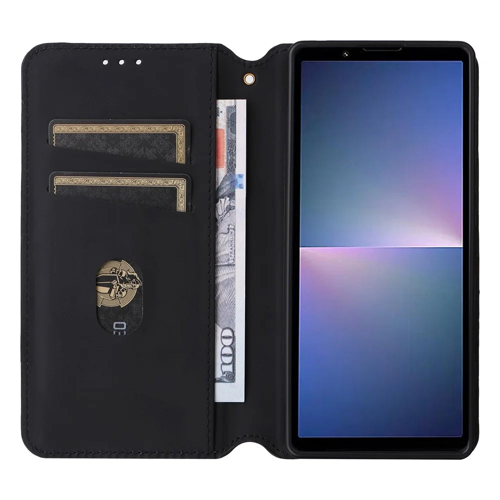 For Sony Xperia 5 V Cover Rhombus Imprinted PU Leather Stand Wallet Phone Shell - Black - 2