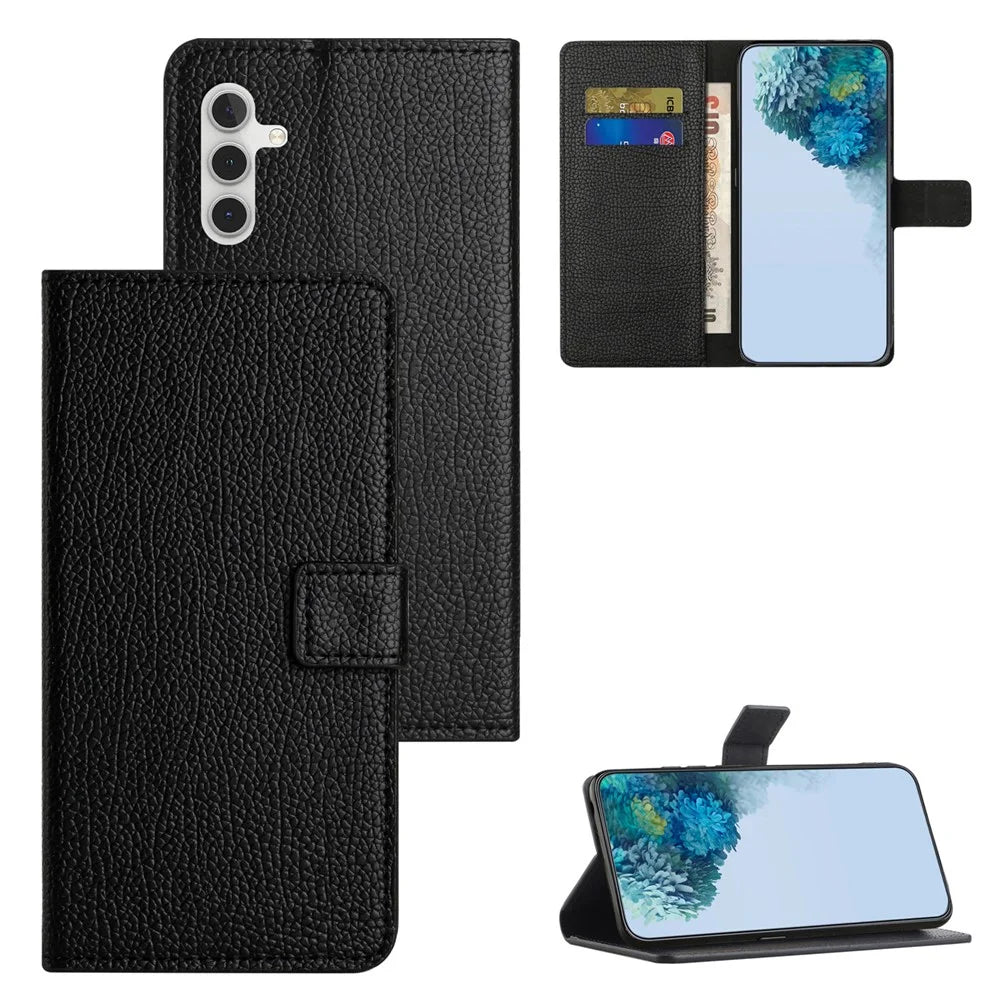 For Samsung Galaxy A05s 4G Cover Litchi Texture Leather Wallet Cell Phone Case - Black - 7