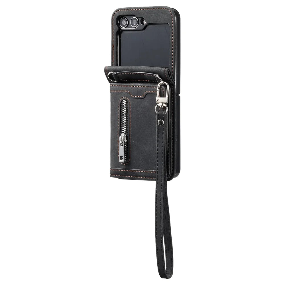 For Samsung Galaxy Z Flip5 5G Case Kickstand Card Holder Phone Leather Cover with Hand Strap - Black - 2