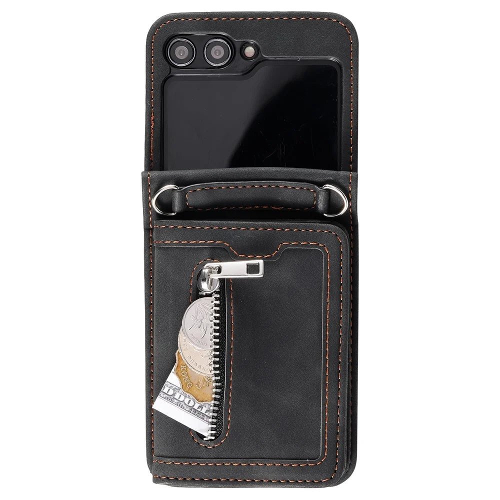 For Samsung Galaxy Z Flip5 5G Case Kickstand Card Holder Phone Leather Cover with Hand Strap - Black - 5