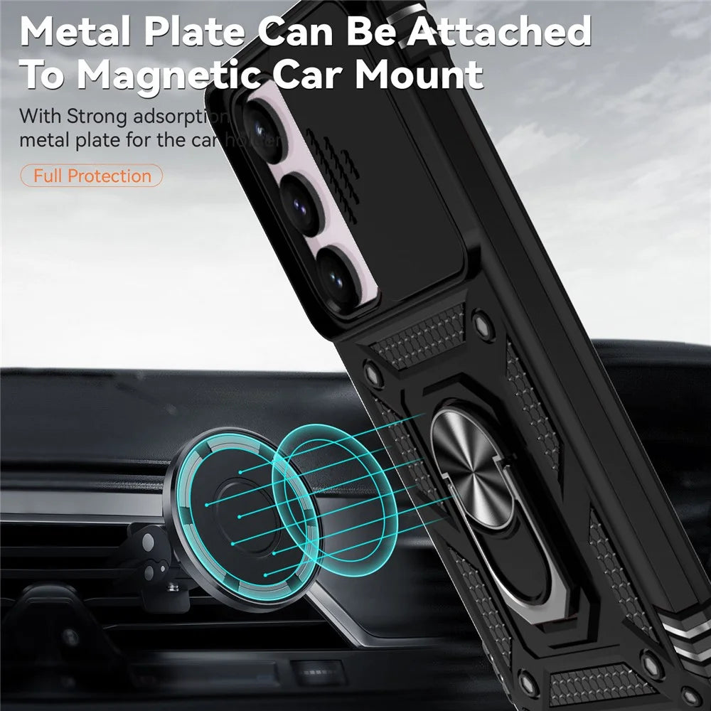 For Samsung Galaxy S23 FE Case Slide Camera Lid PC+TPU Cellphone Cover with Ring Kickstand - Black - 4