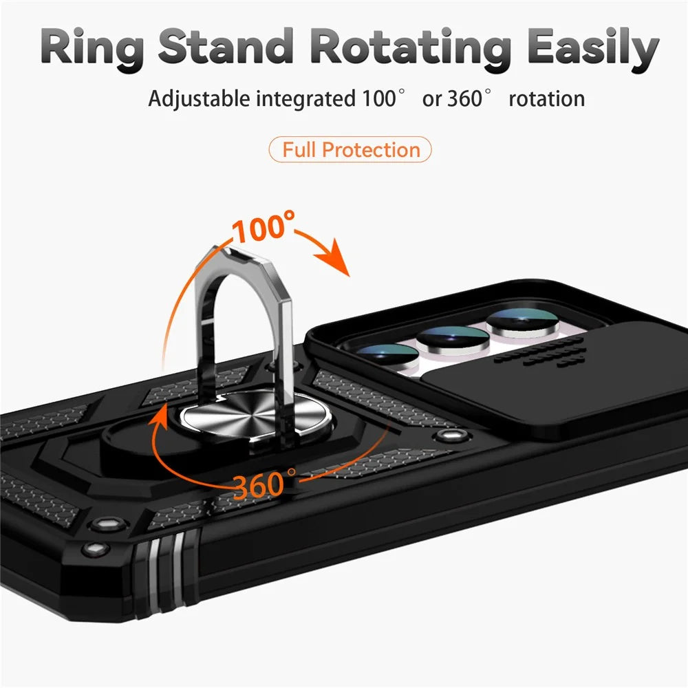 For Samsung Galaxy S23 FE Case Slide Camera Lid PC+TPU Cellphone Cover with Ring Kickstand - Black - 7