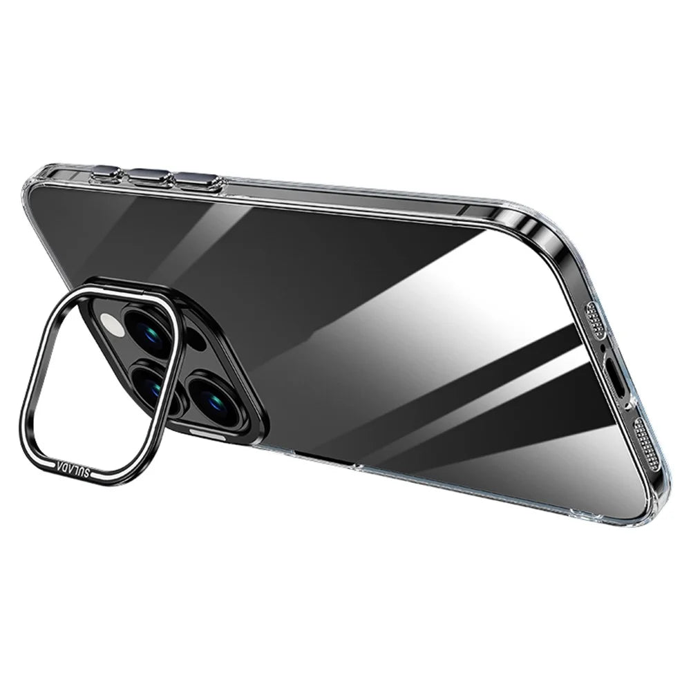 SULADA For iPhone 14 Pro Case TPU+PC Clear Phone Cover with Camera Kickstand - Black - 1