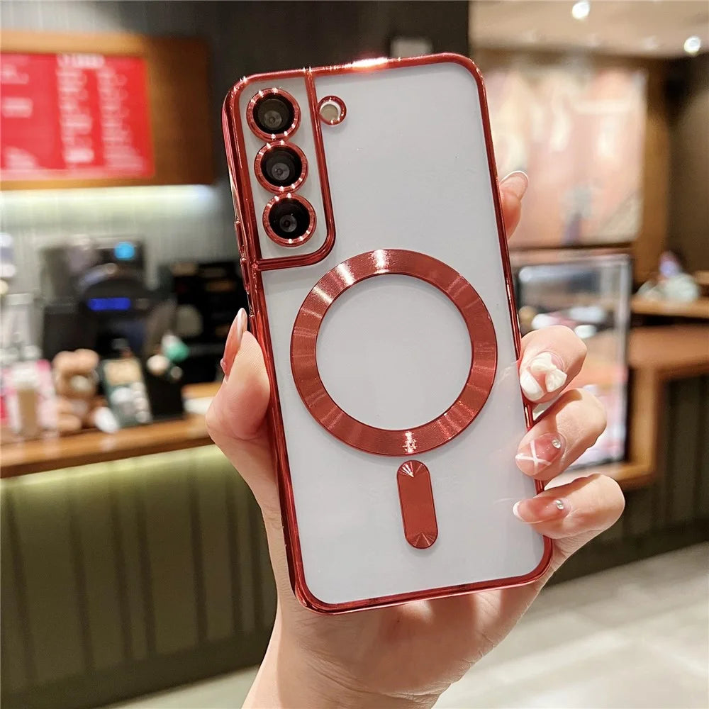 For Samsung Galaxy S22 5G Case Built-in Lens Film TPU Magnetic Phone Cover - Red - 1
