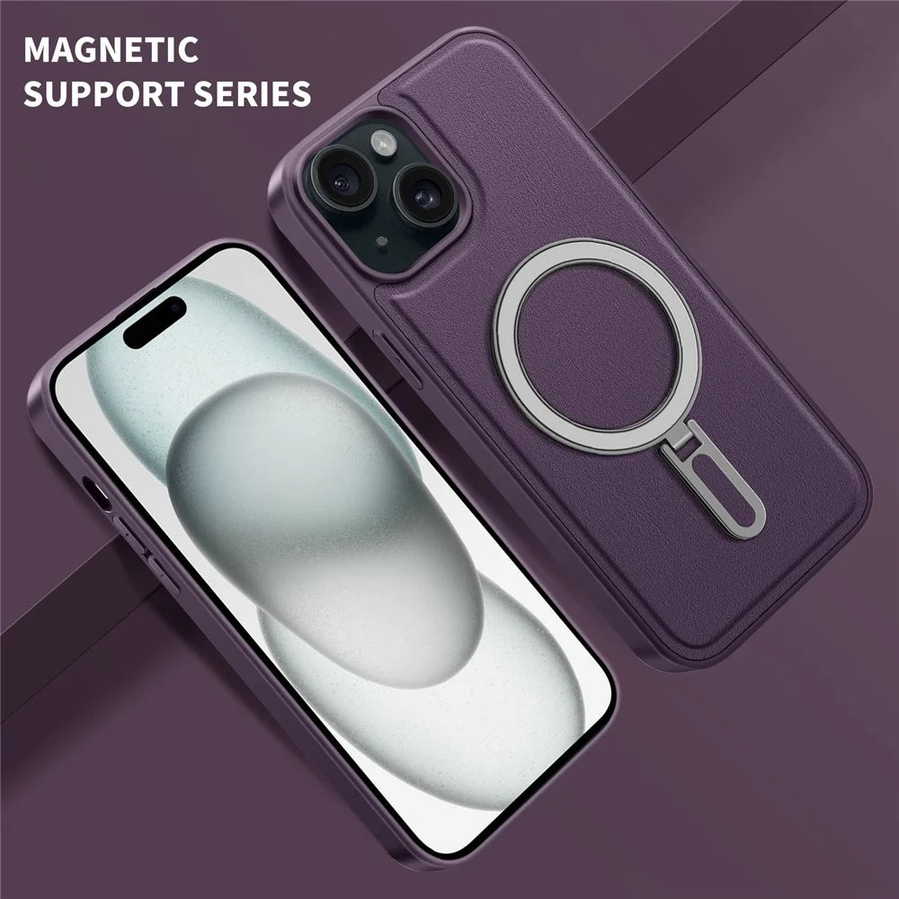 For iPhone 15 Case Leather+PC+TPU Kickstand Phone Cover Compatible with MagSafe - Purple - 3