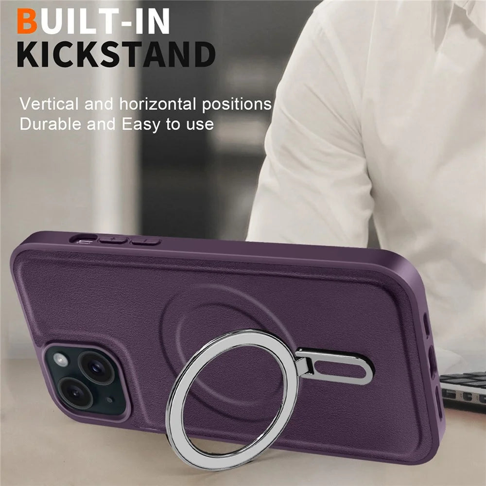 For iPhone 15 Case Leather+PC+TPU Kickstand Phone Cover Compatible with MagSafe - Purple - 4