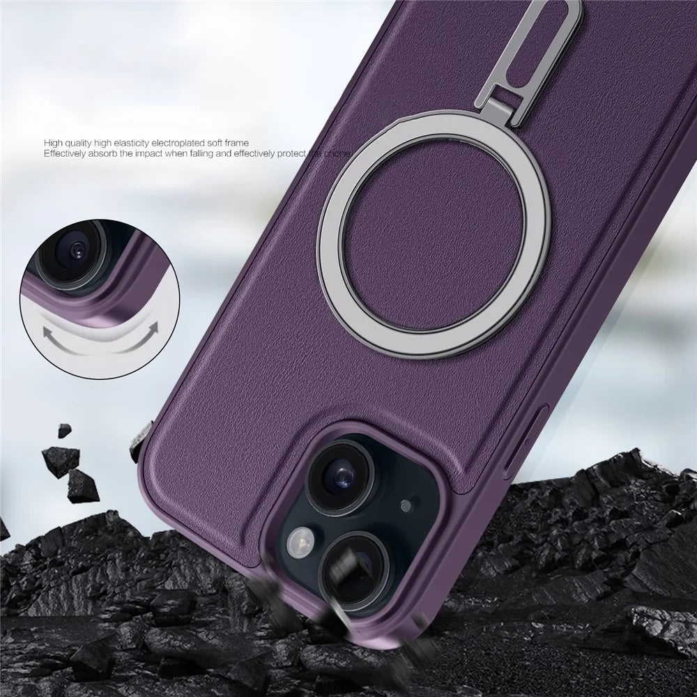 For iPhone 15 Case Leather+PC+TPU Kickstand Phone Cover Compatible with MagSafe - Purple - 7