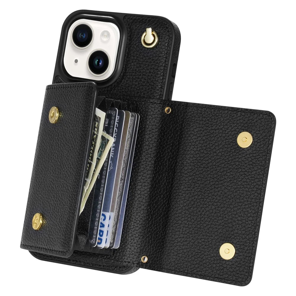 For iPhone 14 Case Card Bag Scratch Resistant Leather+TPU Cover with Shoulder Strap - Black - 4