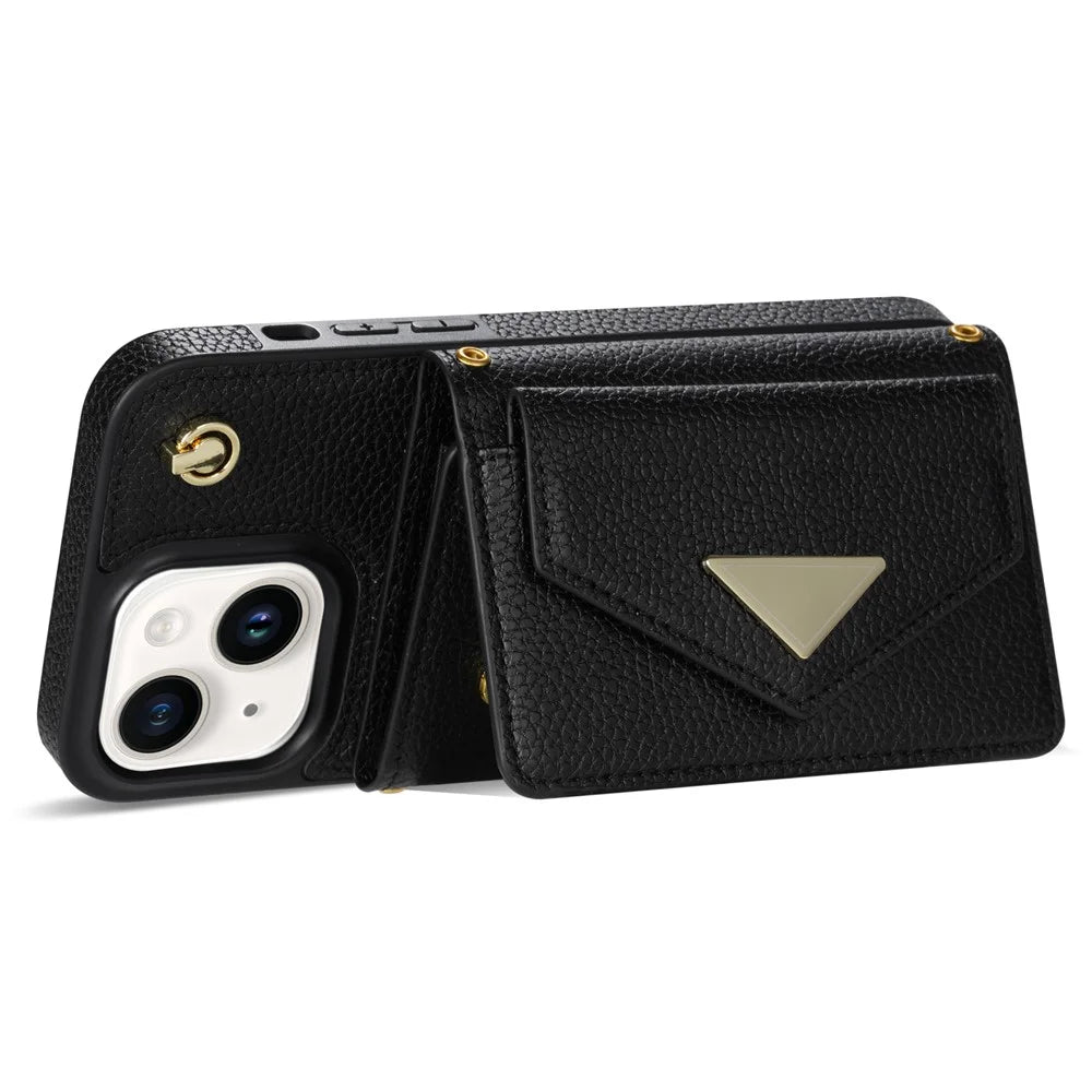 For iPhone 14 Case Card Bag Scratch Resistant Leather+TPU Cover with Shoulder Strap - Black - 5