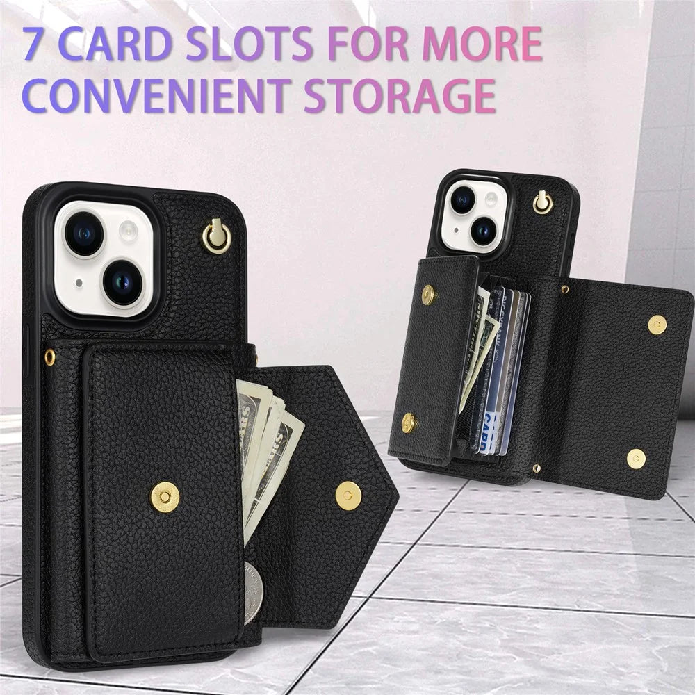 For iPhone 14 Case Card Bag Scratch Resistant Leather+TPU Cover with Shoulder Strap - Black - 6