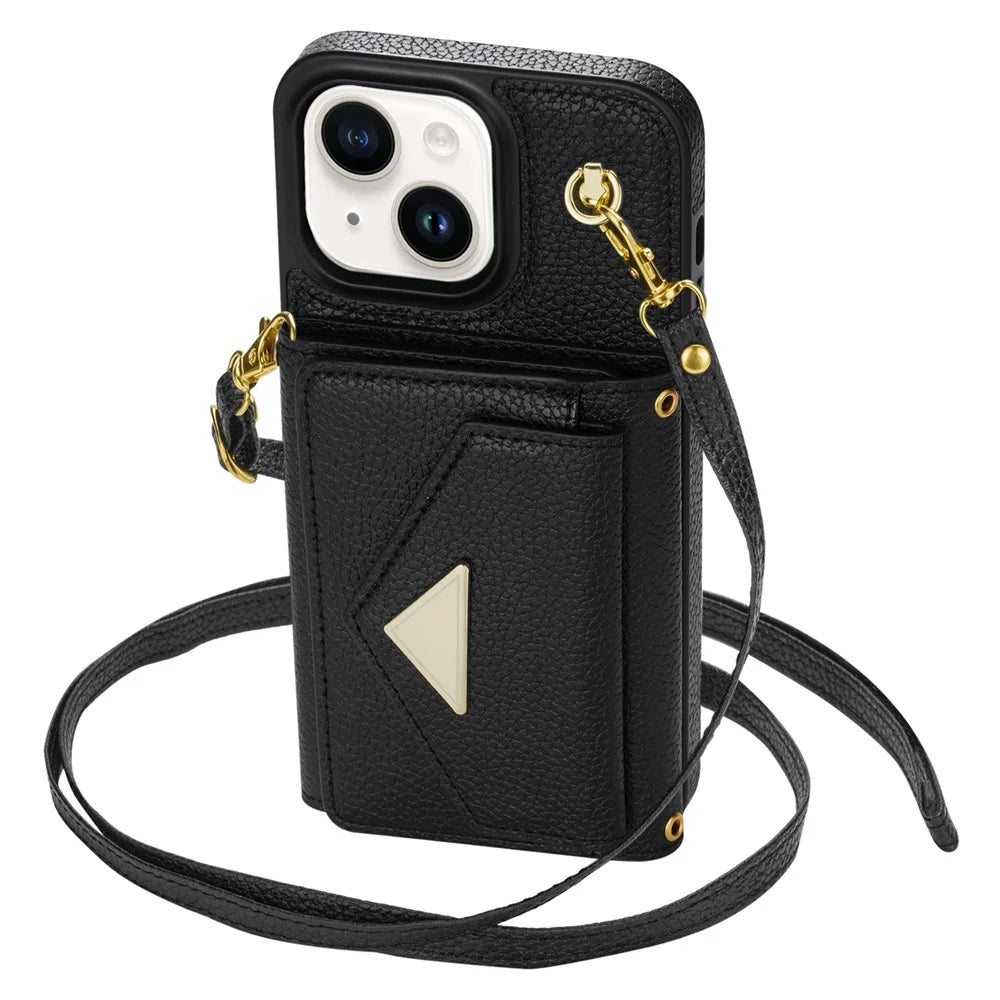 For iPhone 14 Plus Case Organ Card Bag Well-protected PU Leather+TPU Shell with Shoulder Strap - Black - 2