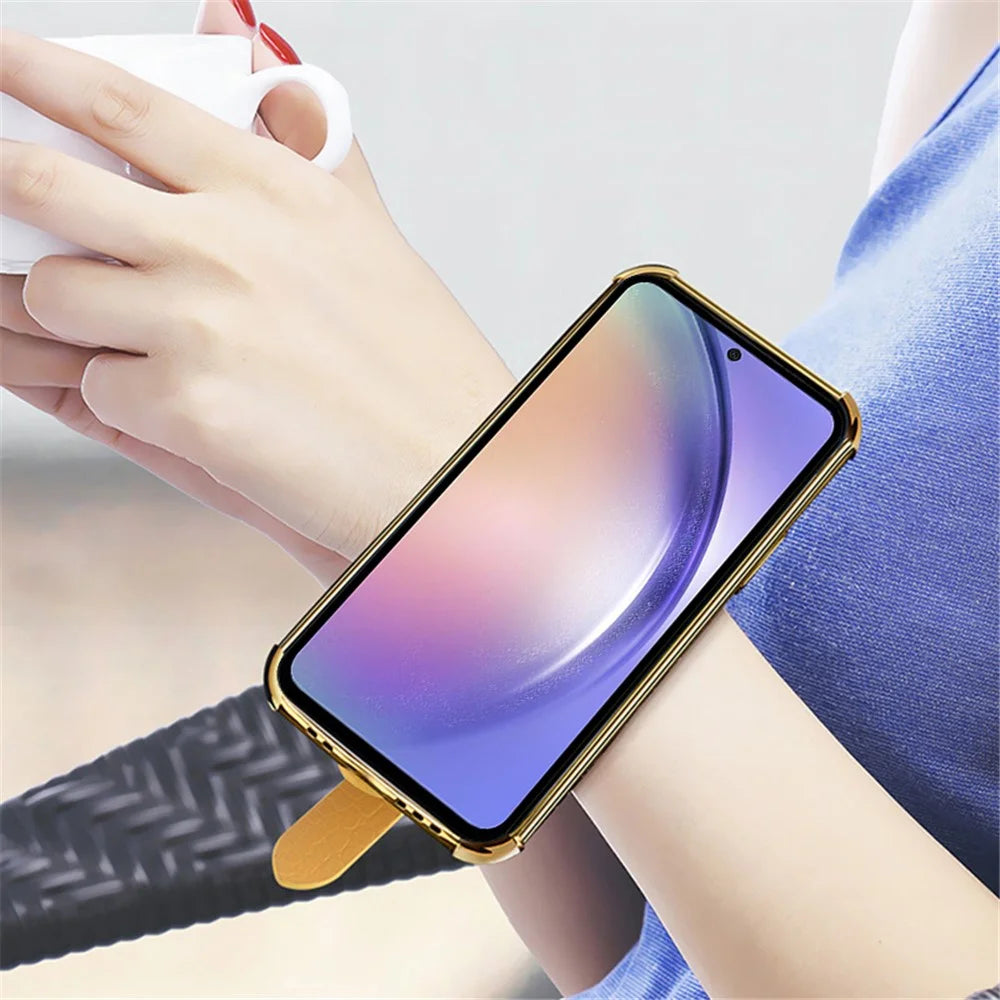 For Samsung Galaxy A54 5G Case PU Leather+TPU 6D Electroplating Phone Cover with Wristband - White - 6