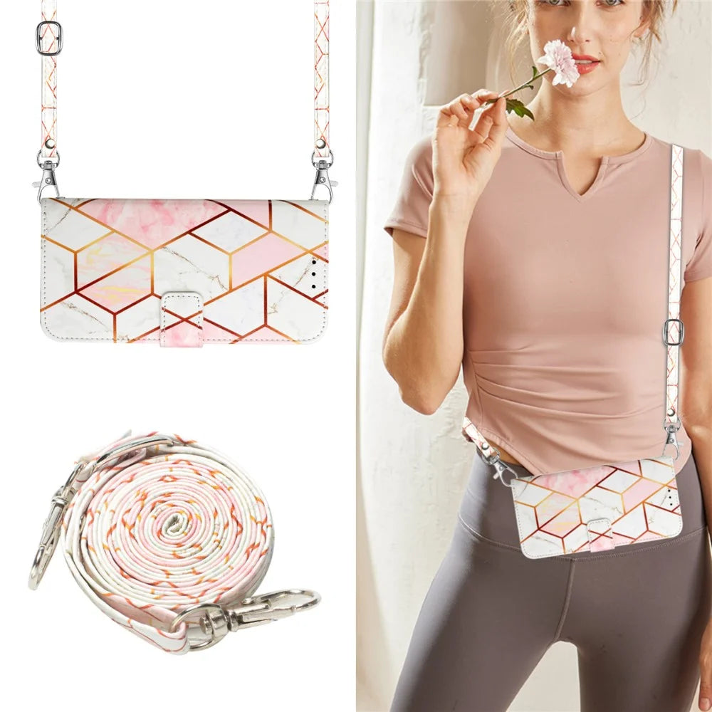 For Samsung Galaxy A05s 4G Leather Case with Shoulder Strap Marble Pattern Phone Stand Cover - Pink+White LS002 - 5