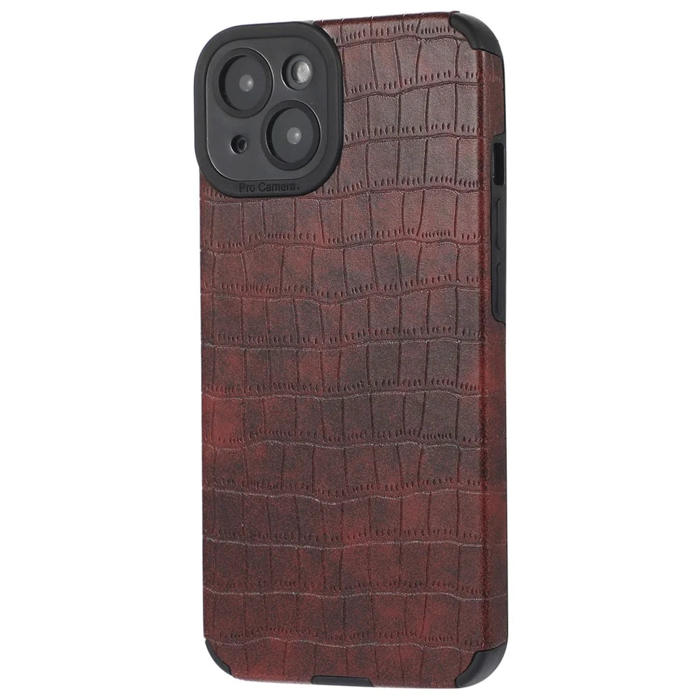 For iPhone 14 Case Crocodile Texture Anti-scratch PU Leather Coated TPU Cell Phone Cover - Red - 1
