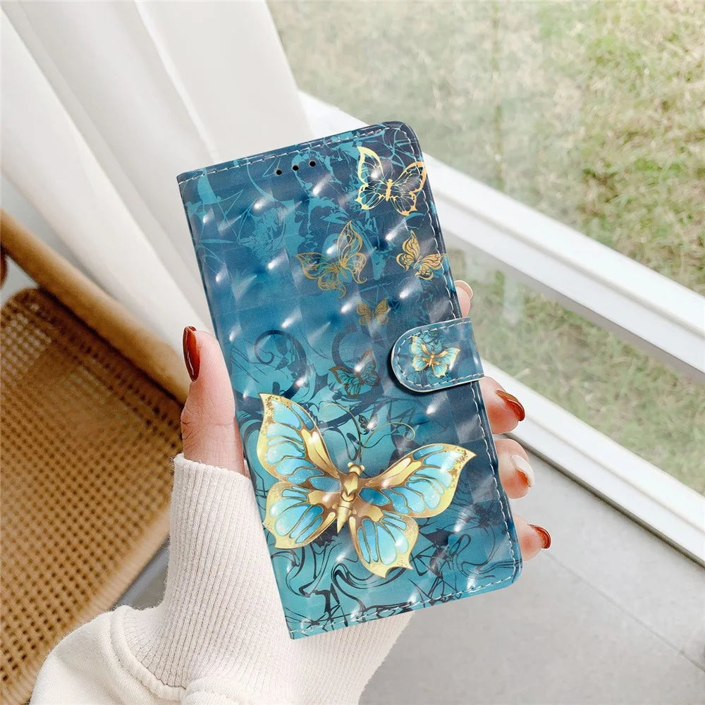 For Samsung Galaxy A12 Case Wallet PU Leather 3D Pattern Phone Cover with Strap - Butterfly - 7