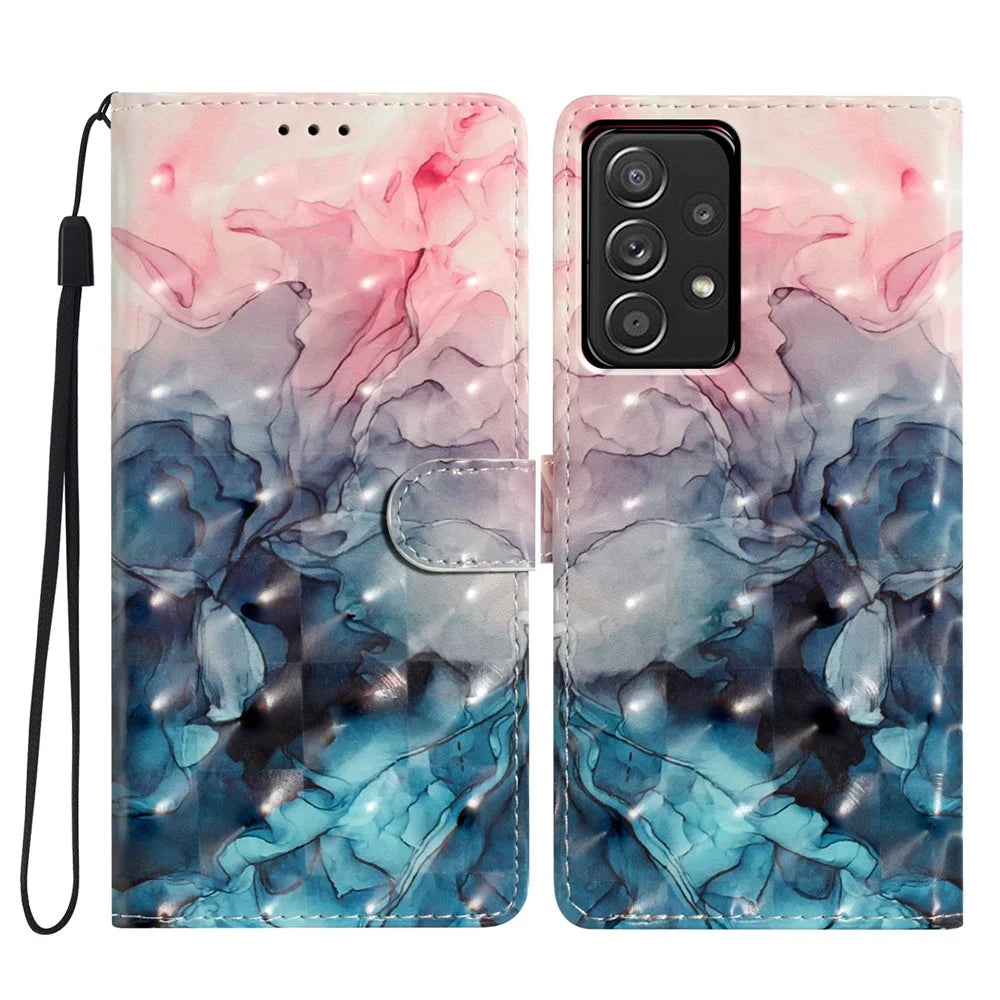 For Samsung Galaxy A73 5G Case 3D Pattern Printing PU Leather Magnetic Flip Phone Cover - Pink Blue Marble - 1