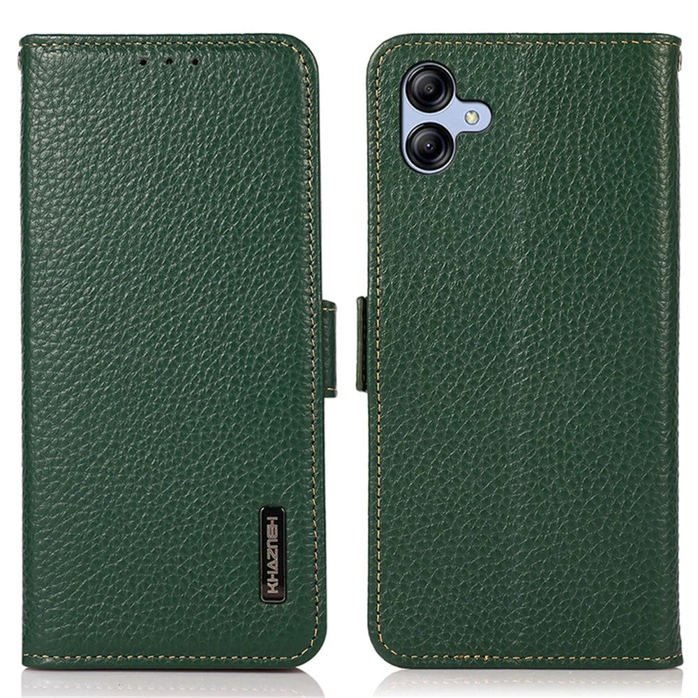 KHAZNEH For Samsung Galaxy A05 4G Phone Case Wallet Stand RFID Blocking Genuine Cow Leather Cover - Green - 1