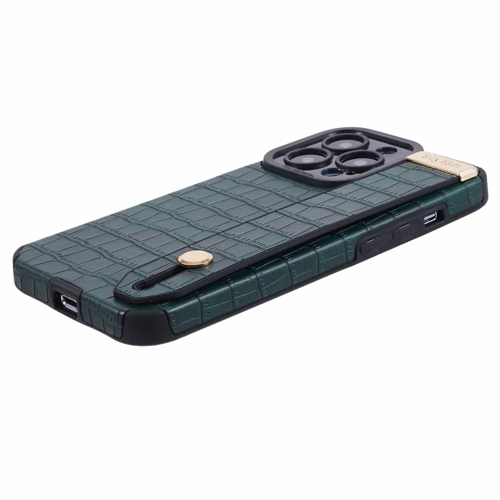 For iPhone 13 Pro Max Case Crocodile Texture Wristband Shell PU Leather+TPU Phone Cover - Green - 5