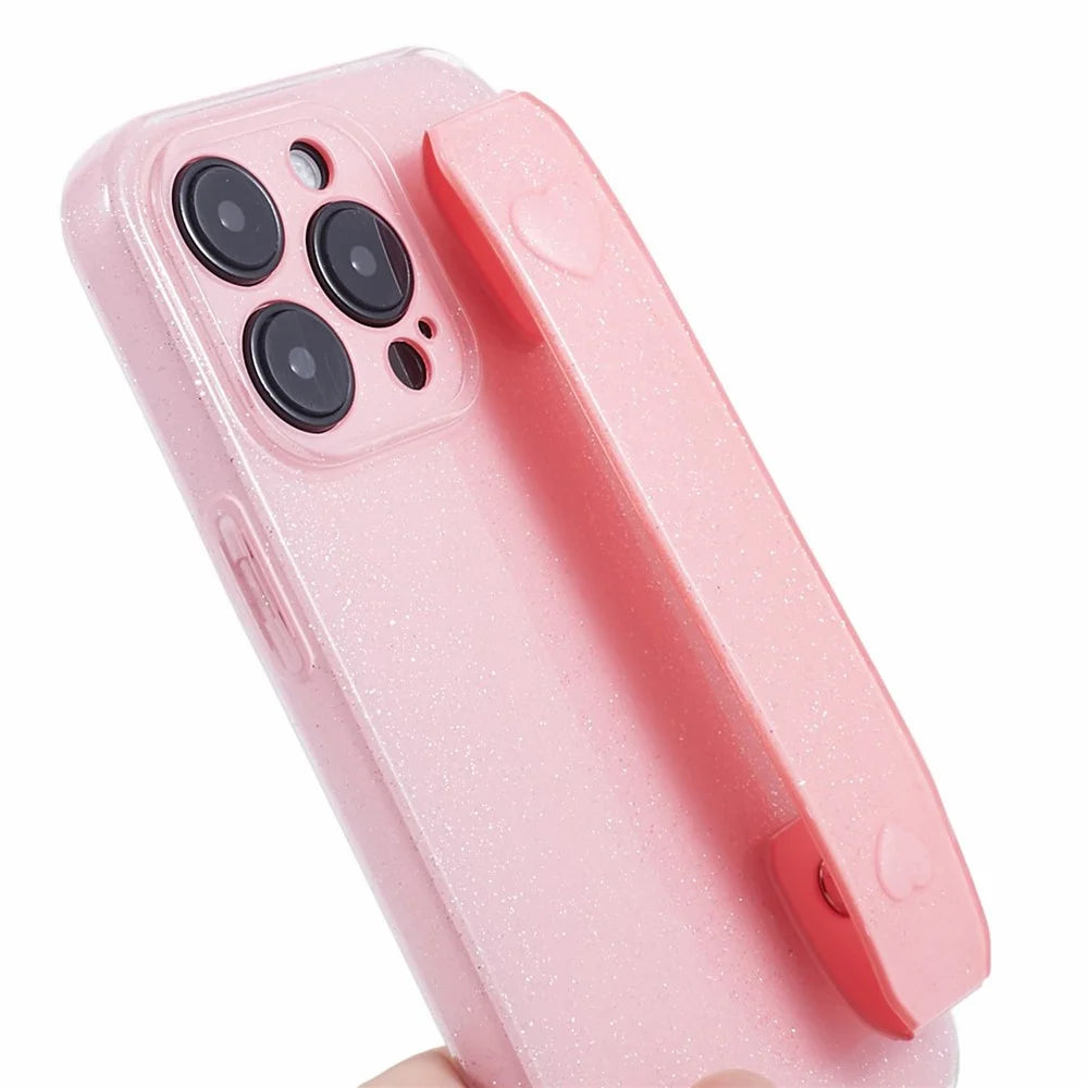 For iPhone 15 Pro Max Case Wristband Glittery TPU Cover with Kickstand - Pink - 7
