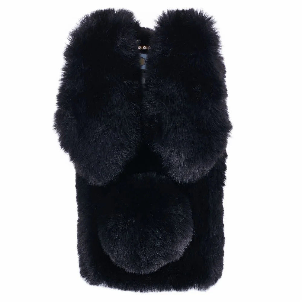 For iPhone 15 Pro Fluffy 3D Bunny Ears Cover Winter Warm Soft TPU Phone Case - Black - 2