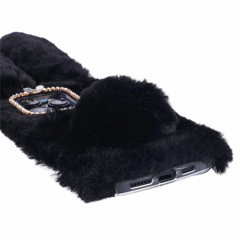 For iPhone 15 Pro Fluffy 3D Bunny Ears Cover Winter Warm Soft TPU Phone Case - Black - 5