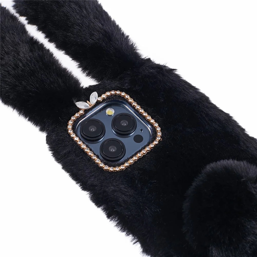 For iPhone 15 Pro Fluffy 3D Bunny Ears Cover Winter Warm Soft TPU Phone Case - Black - 6