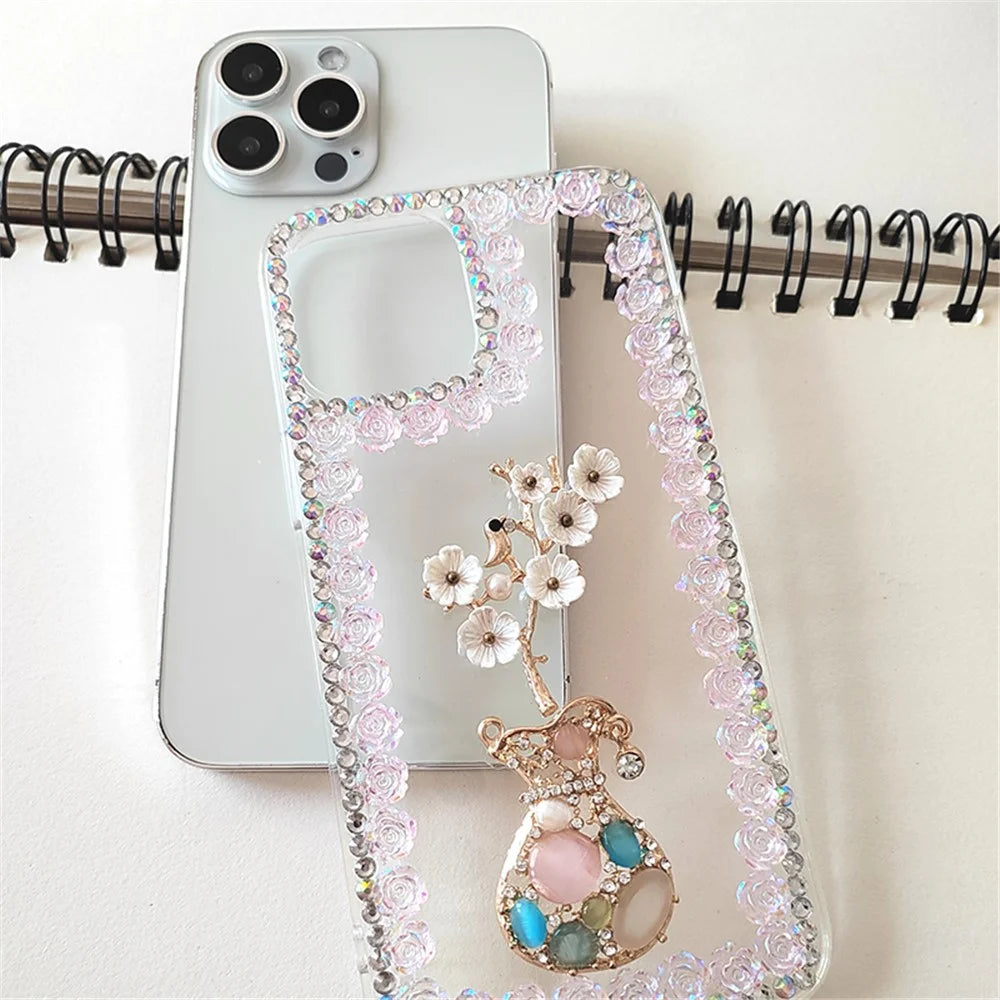 For iPhone 15 Pro Case PC Phone Shell Rhinestone Decor Mobile Phone Cover - 6