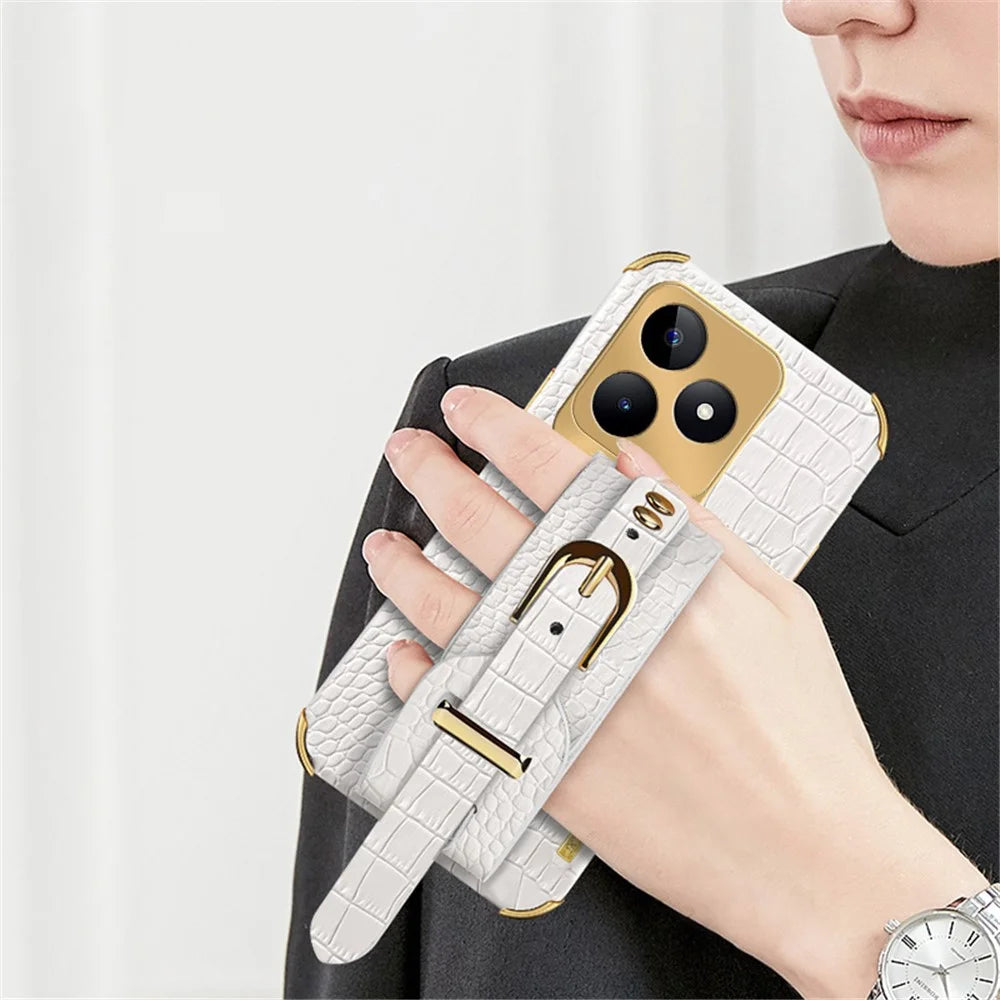 For Realme C53 (Global) / C53 (India) / C51 / Narzo N53 4G Case Wristband Electroplating PU Leather+TPU Phone Cover - White - 2