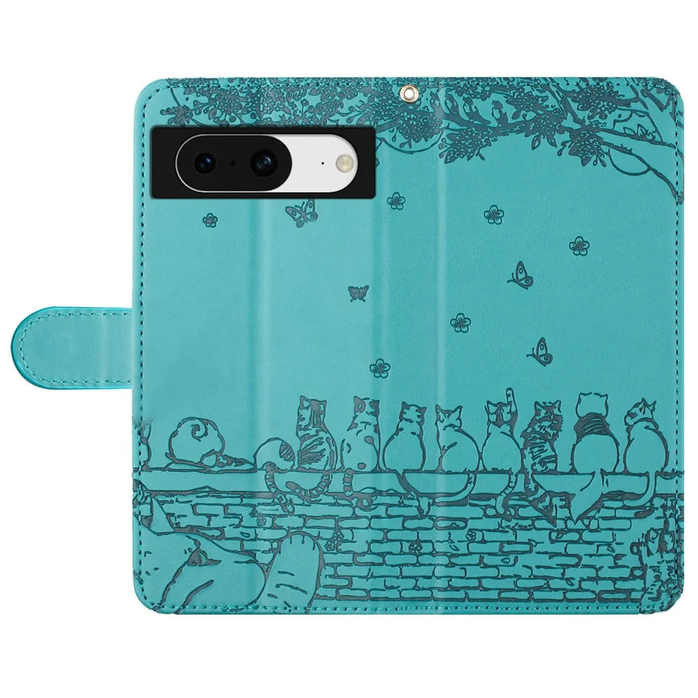 For Google Pixel 8 Cover Leather Stand Wallet Wall Cats Imprinted Phone Case with Strap - Blue - 4
