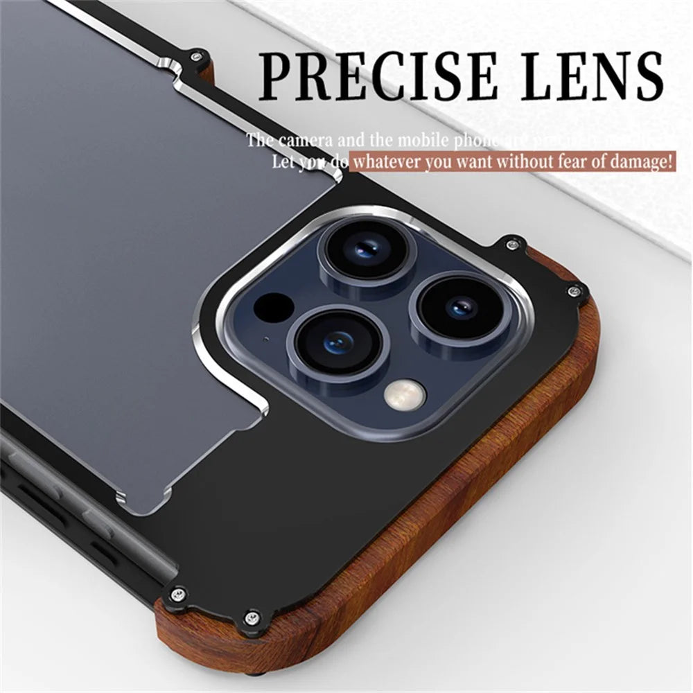 R-JUST For iPhone 15 Pro Case Wood + Aluminum Alloy Bumper Frame Phone Cover - 2