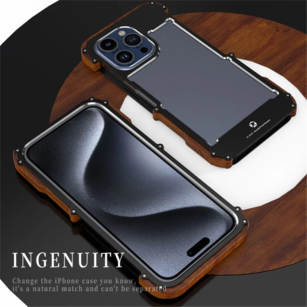 R-JUST For iPhone 15 Pro Case Wood + Aluminum Alloy Bumper Frame Phone Cover - 3
