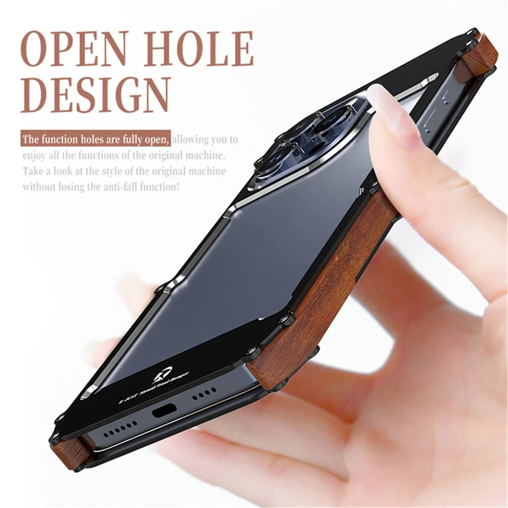 R-JUST For iPhone 15 Pro Case Wood + Aluminum Alloy Bumper Frame Phone Cover - 4