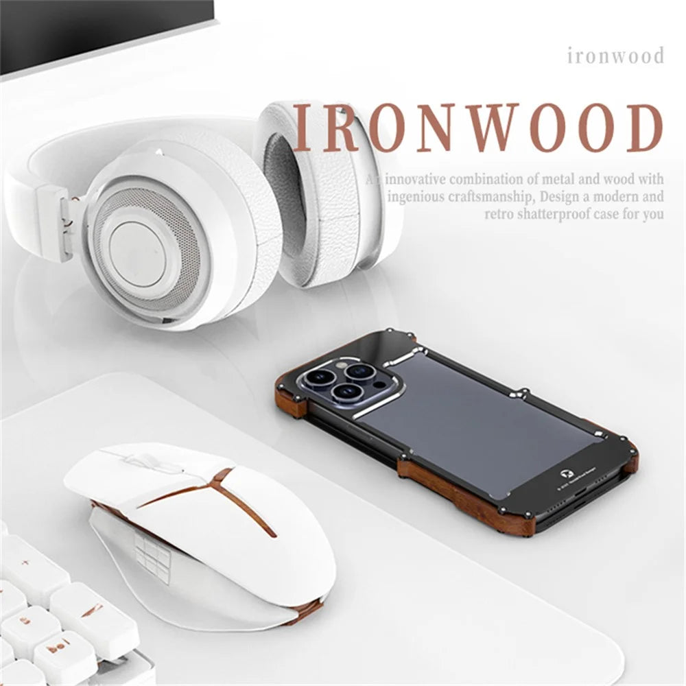 R-JUST For iPhone 15 Plus Bumper Case Wood + Aluminum Alloy Frame Protective Phone Cover - 6
