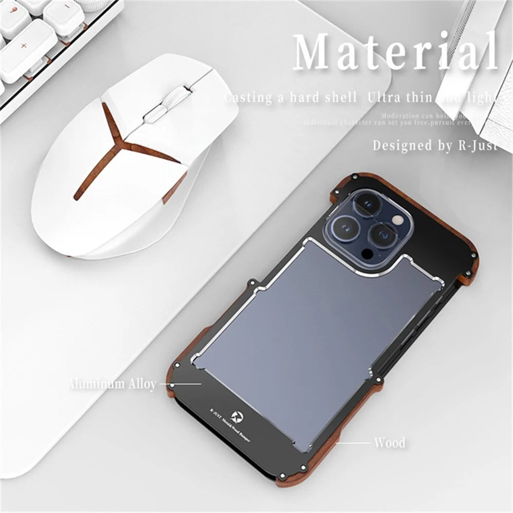 R-JUST For iPhone 15 Plus Bumper Case Wood + Aluminum Alloy Frame Protective Phone Cover - 7