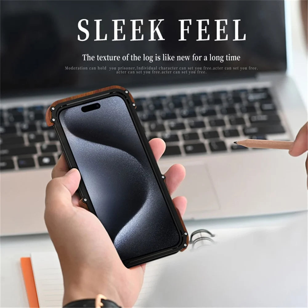 R-JUST For iPhone 15 Back Cover Drop Protection Aluminum Alloy +Wood Bumper Frame Phone Case - 2